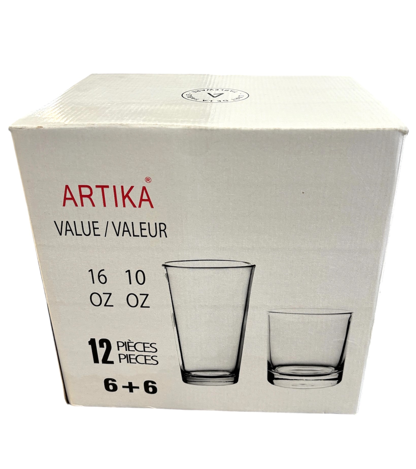 12 PK  6x10 Oz + 6x16 Oz Drinking Glasses